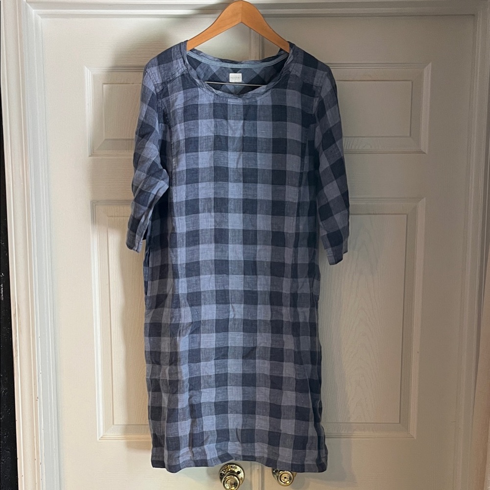 Poetry Blue Checked Casual 100% Linen Dress